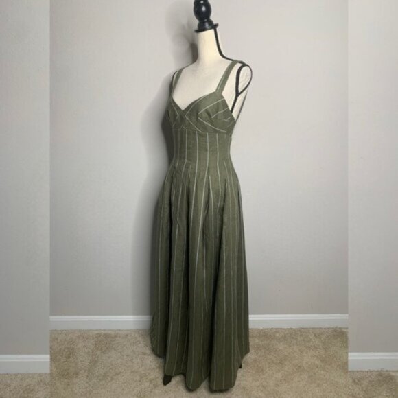 NWT NICHOLAS Selene Seamed Cami Linen Olive & White Striped Maxi Dress - Picture 6 of 16